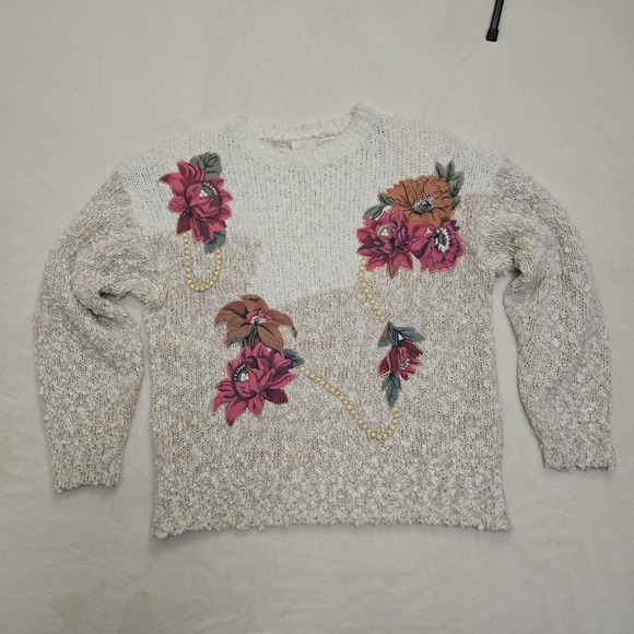 Vintage Sweater Grandma Cottagecore Floral Aplique Pearls Gold Chain 90s Medium - Picture 10 of 16